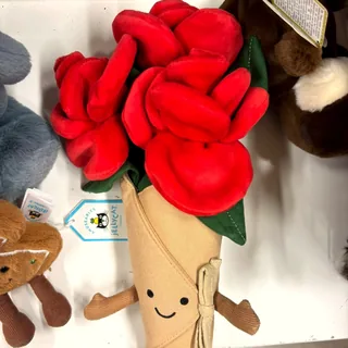 Jellycat Amuseables Rose Bouquet with its swing tag, photographed by Plushie Finds